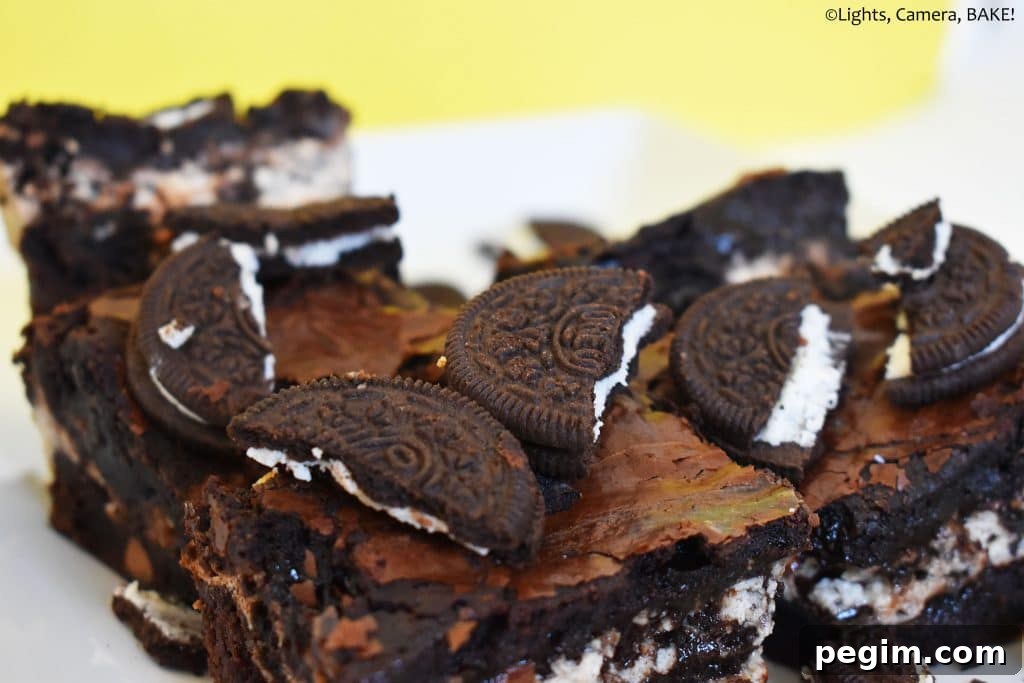 Cookies and Cream Cheesecake Brownies Recipe 6 Oreo topped cheesecake brownies on a plate.