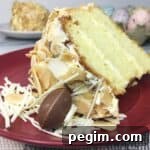 A slice of Easter bundt cake on a red plate.