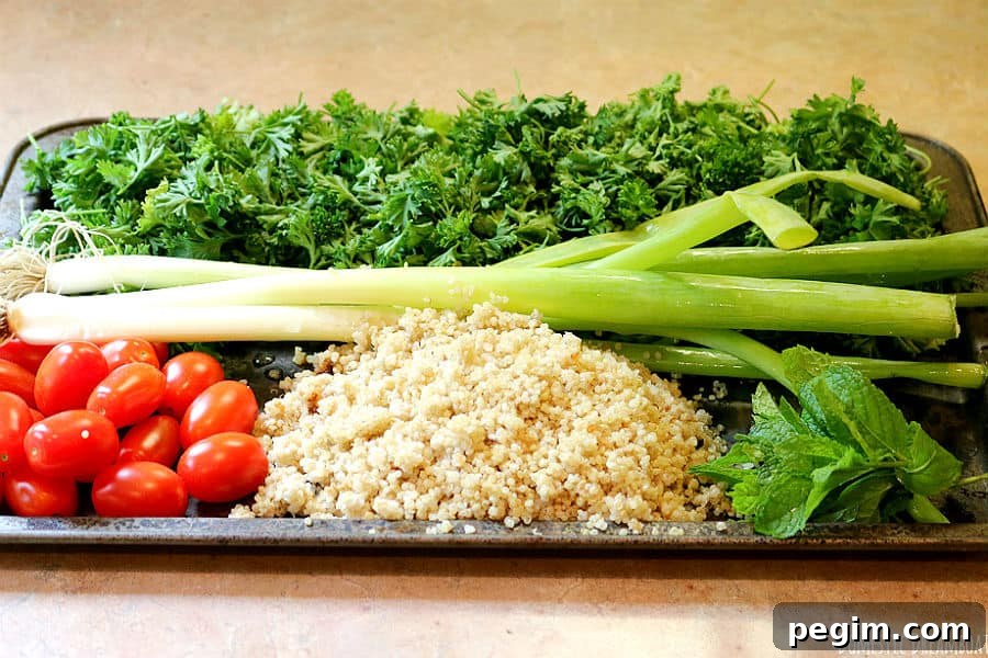 Lemon Quinoa Tabbouleh with Parsley & Mint 2 Quinoa tabbouleh salad ingredients: parsley, quinoa, tomatoes, green onions, and mint.