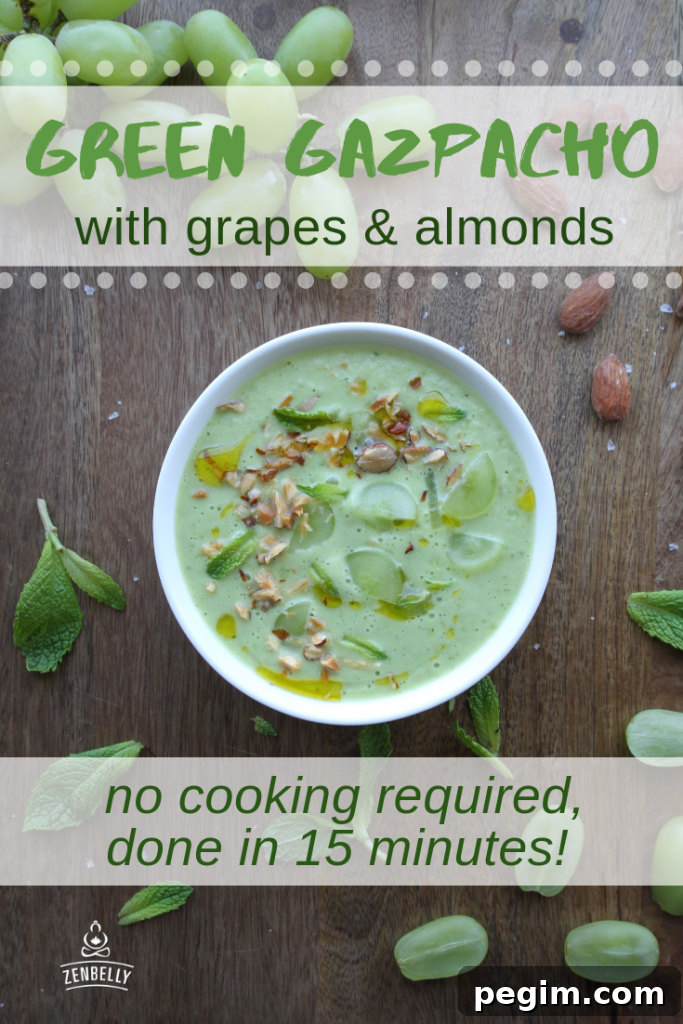 Chilled Green Gazpacho with Grapes and Toasted Almonds 3 Bowl of green gazpacho with grape and almond garnish