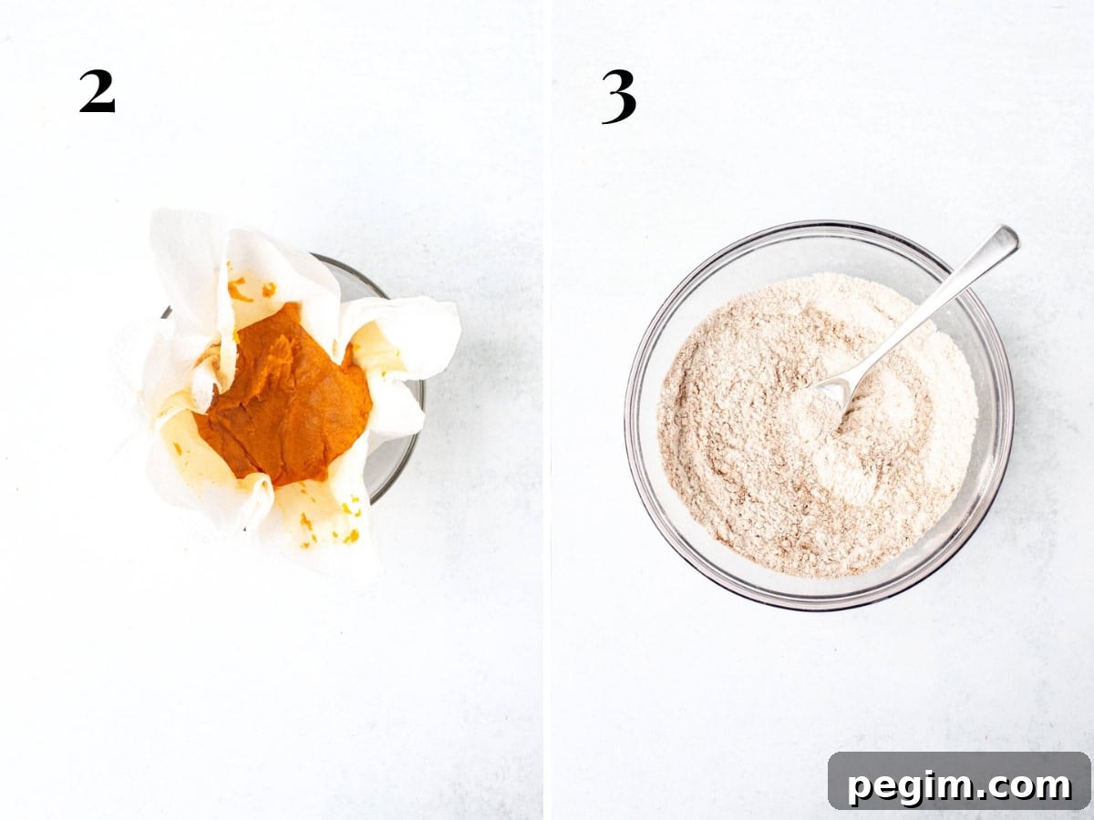 Homemade Pumpkin Oatmeal Cream Pies Recipe 4 Bowl of pumpkin puree, squeezed dry and bowl of flour and spices whisked together.