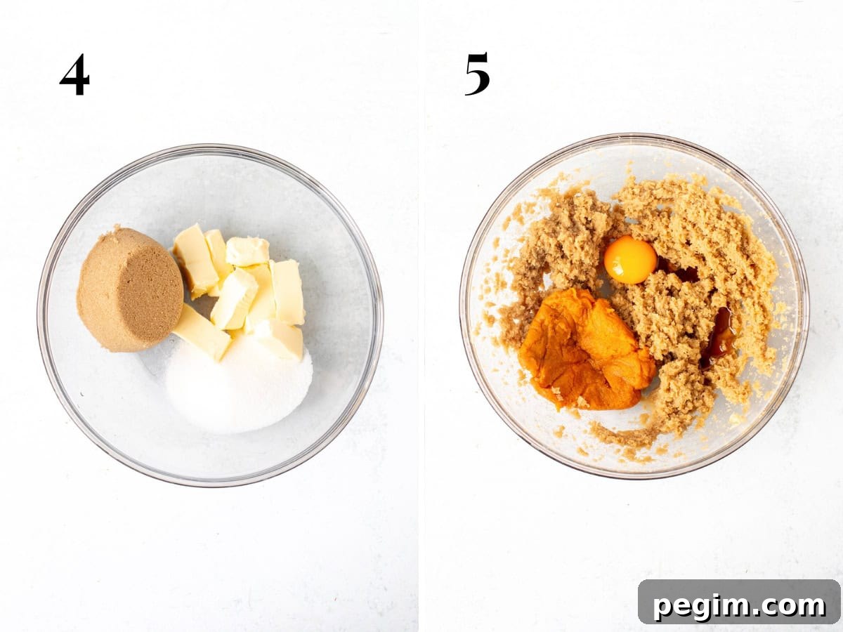 Homemade Pumpkin Oatmeal Cream Pies Recipe 5 Bowl of butter, brown sugar and granulated sugar, and bowl of creamed butter and sugars with pumpkin puree and egg yolk added.