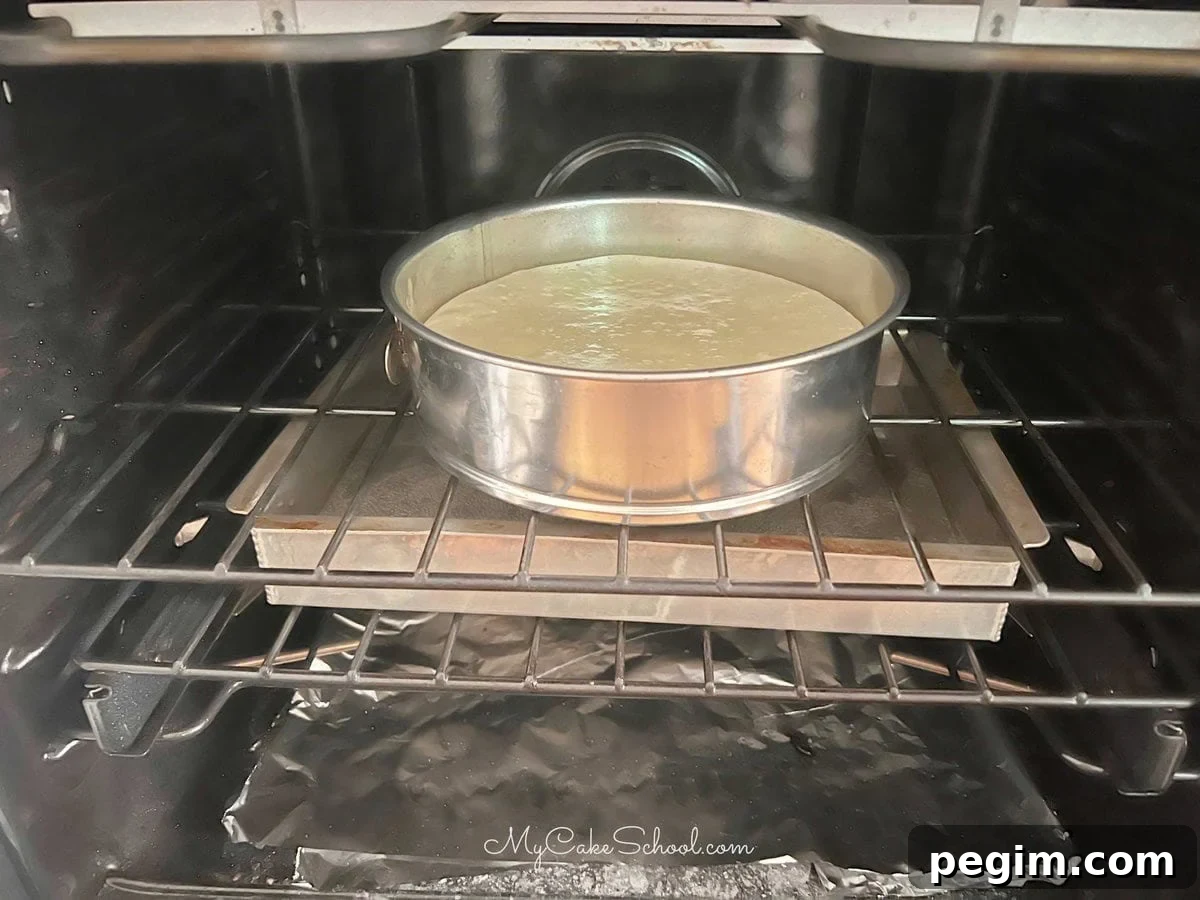 cheesecake baking above water pan.