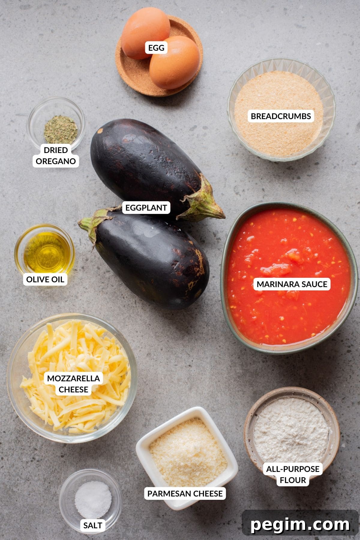 Crispy Baked Eggplant Parmesan Recipe 4 An overhead image of the ingredients of eggplant parmesan.