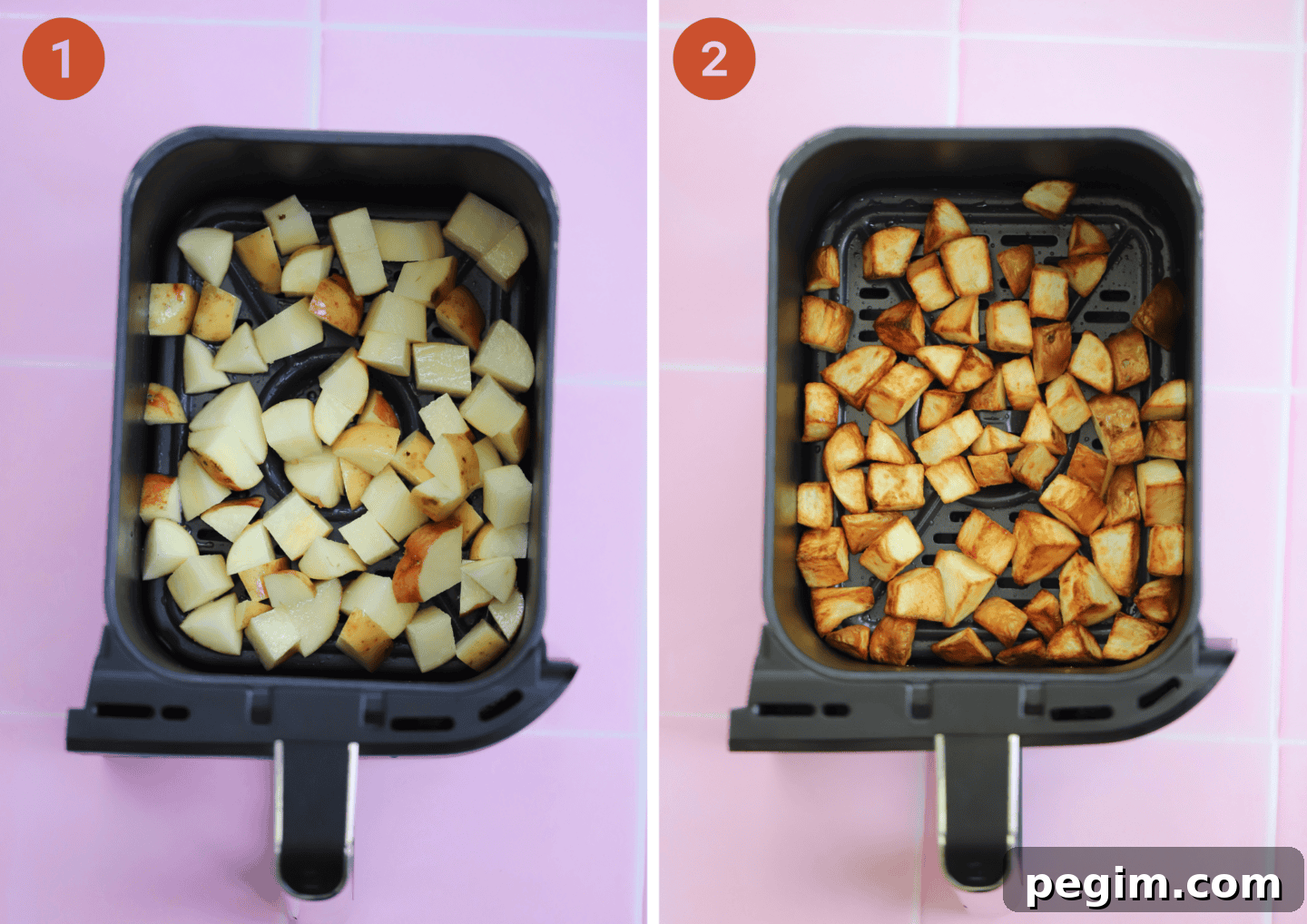 Hearty One-Pan Breakfast Bowl with Eggs and Veggies 5 The potato pieces in the air fryer basket before and after cooking.