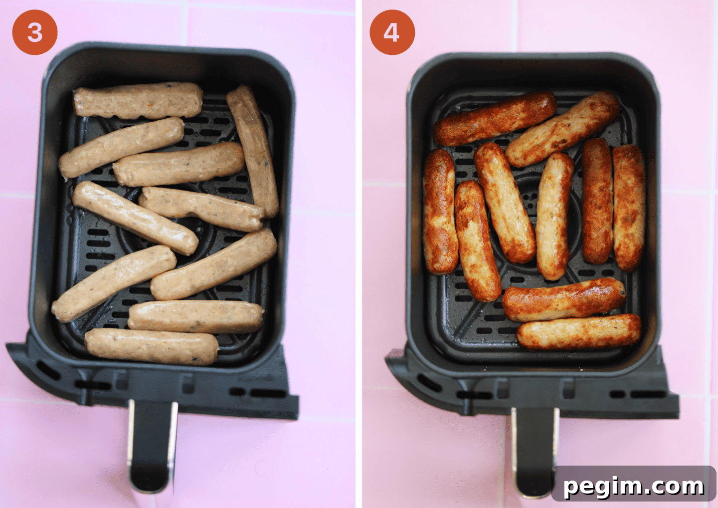 Hearty One-Pan Breakfast Bowl with Eggs and Veggies 6 The chicken sausages in the air fryer basket before and after cooking.