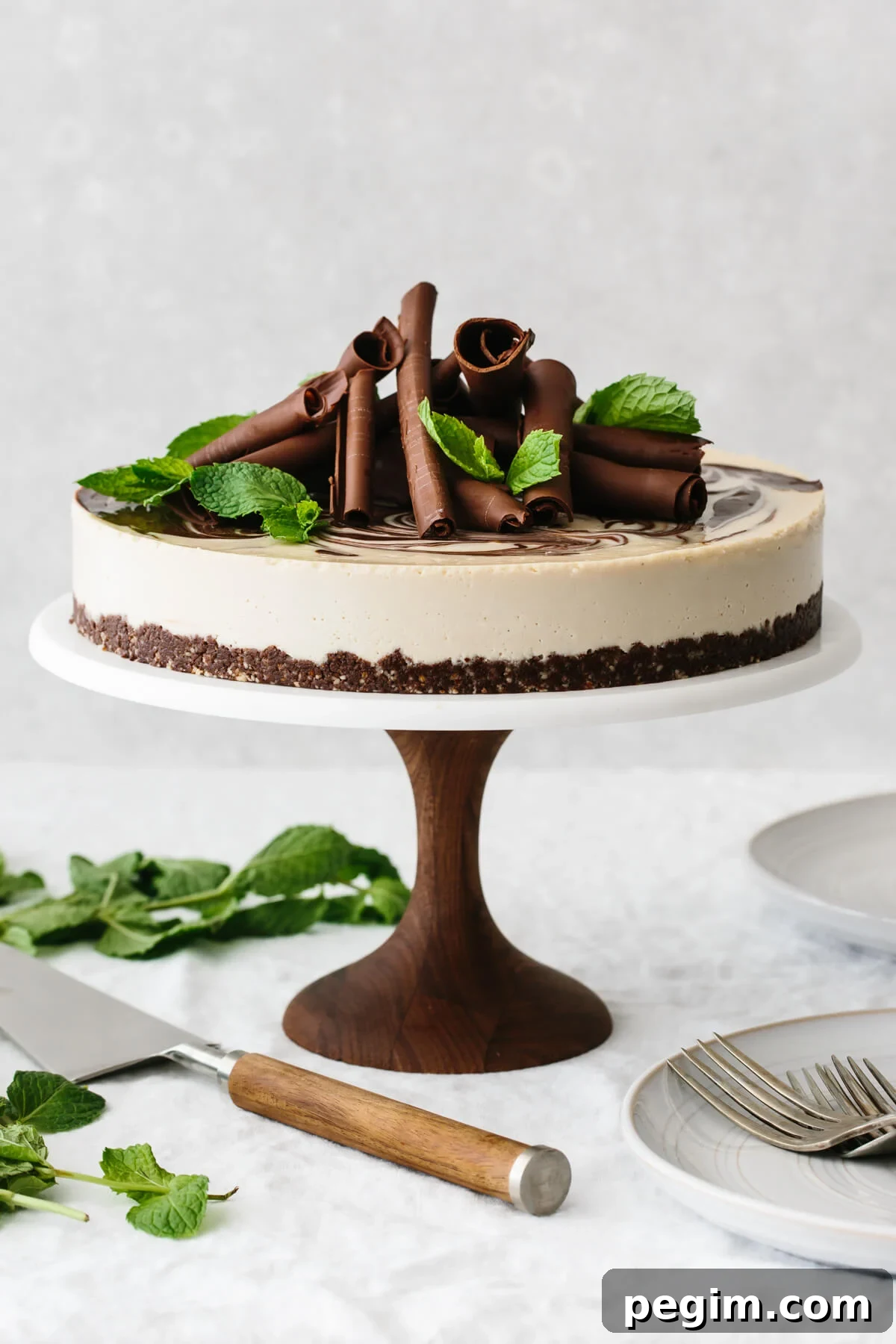 45+ Delicious Vitamix Recipes for Every Meal 8 Mint chocolate vegan cheesecake on a cake stand and garnished with chocolate curls and mint leaves.