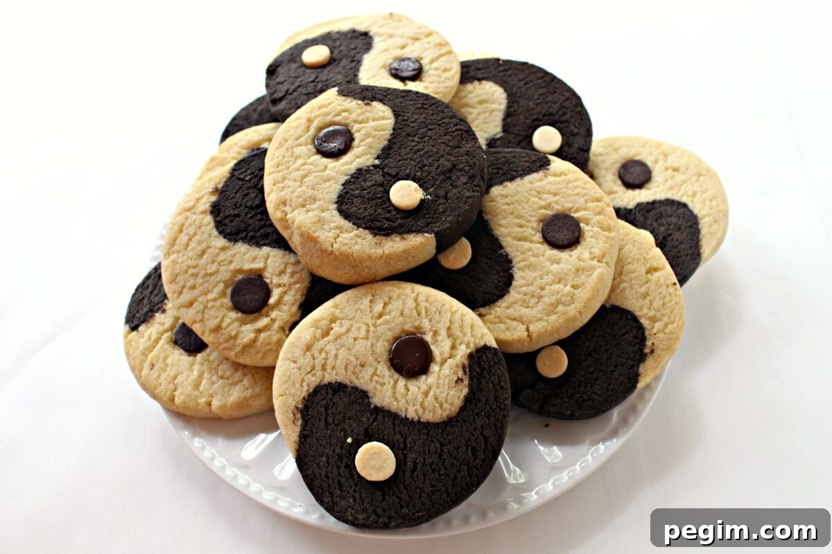 Yin Yang Slice-and-Bake Cookies are crunchy cookies that are simultaneously very vanilla and intensely chocolate, deliciously promoting balance and harmony. Yin Yang Cookies, half vanilla with a chocolate chip and half chocolate with a white chip.