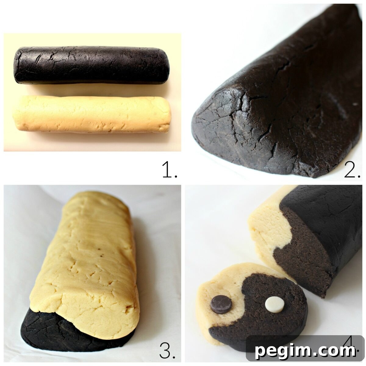 Yin Yang Slice-and-Bake Cookies are crunchy cookies that are simultaneously very vanilla and intensely chocolate, deliciously promoting balance and harmony. Process image collage: two dough logs, press log into tear drop shape, put logs together, slice.