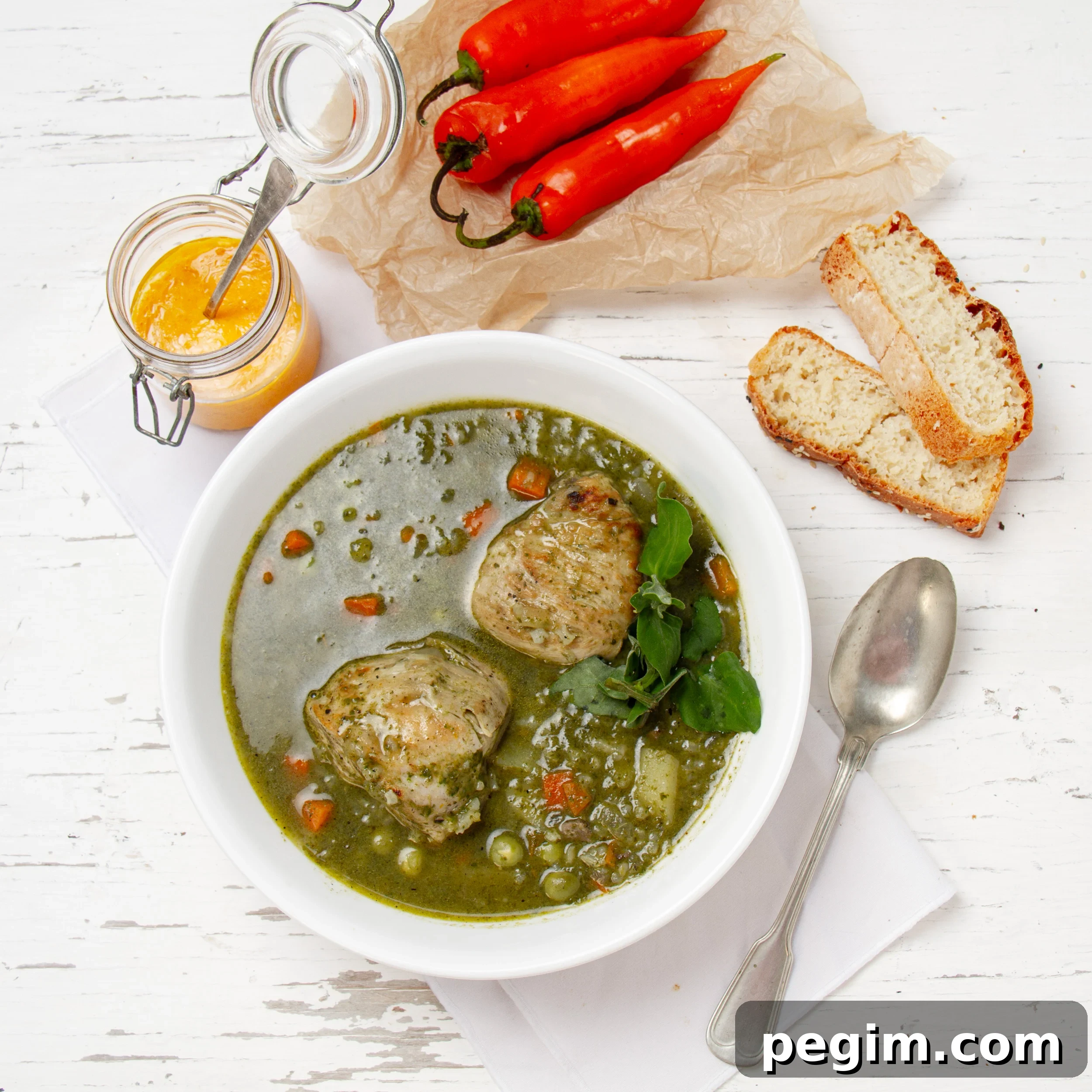 Aguadito de Pollo: Classic Peruvian Chicken Soup Recipe 2 Aguadito de Pollo soup in a bowl with bread and serano peppers on the side.