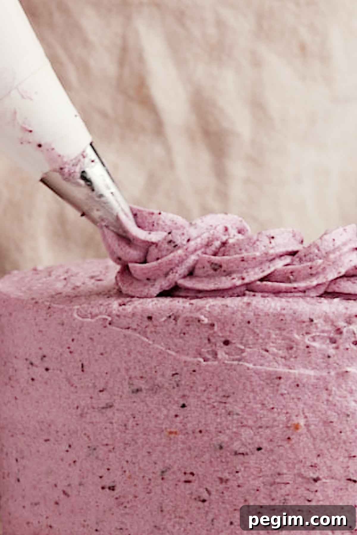 Blueberry Birthday Cake Recipe — Moist Layer Cake for Parties 17 piping a border of frosting on top of the blueberry birthday cake