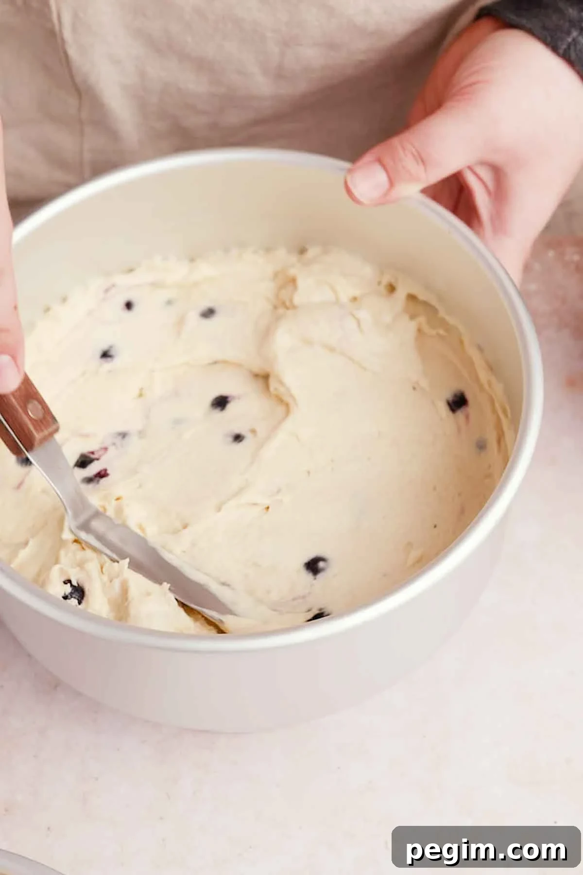 Blueberry Birthday Cake Recipe — Moist Layer Cake for Parties 8 smoothing blueberry cake batter in the cake pan