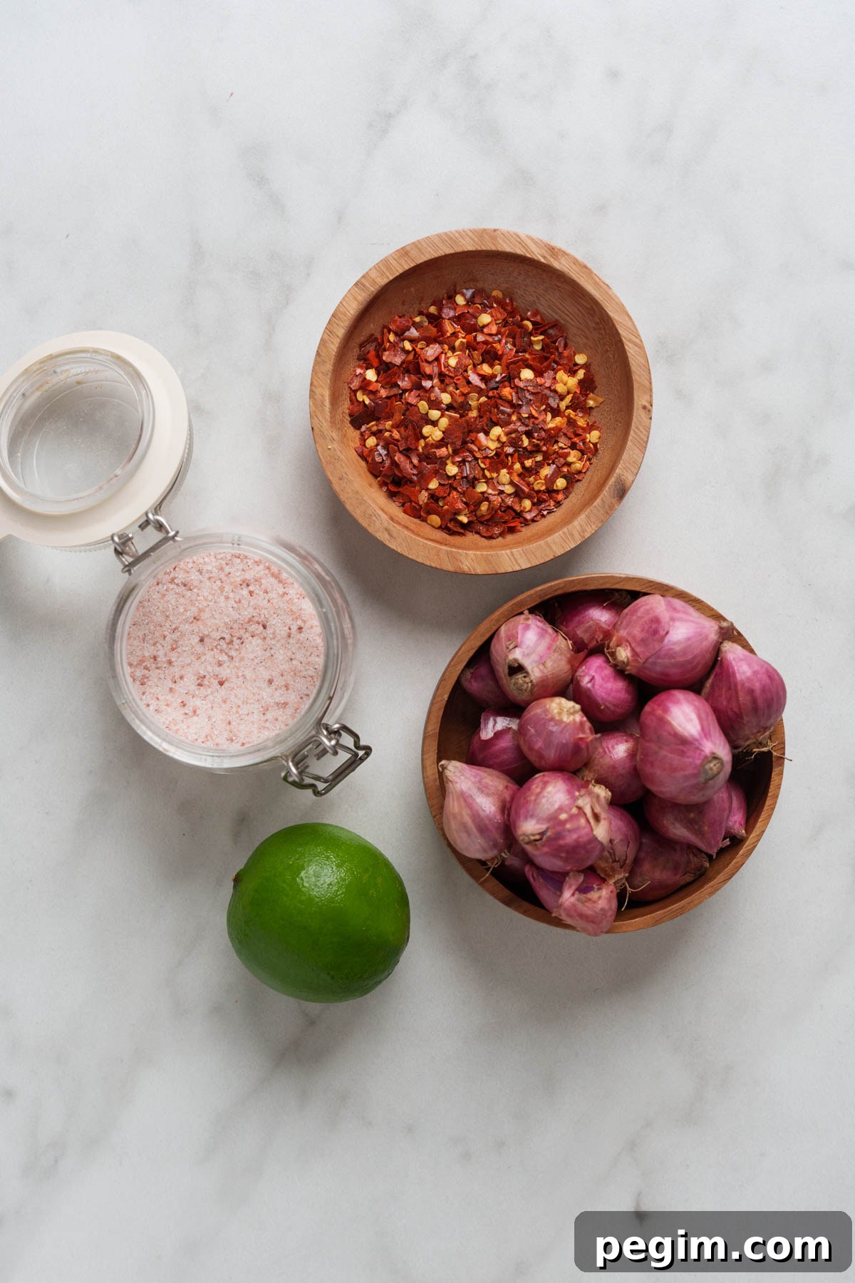 Lunu Miris: Authentic Sri Lankan Chilli and Onion Sambal 3 ingredients for lunu miris on a white background.