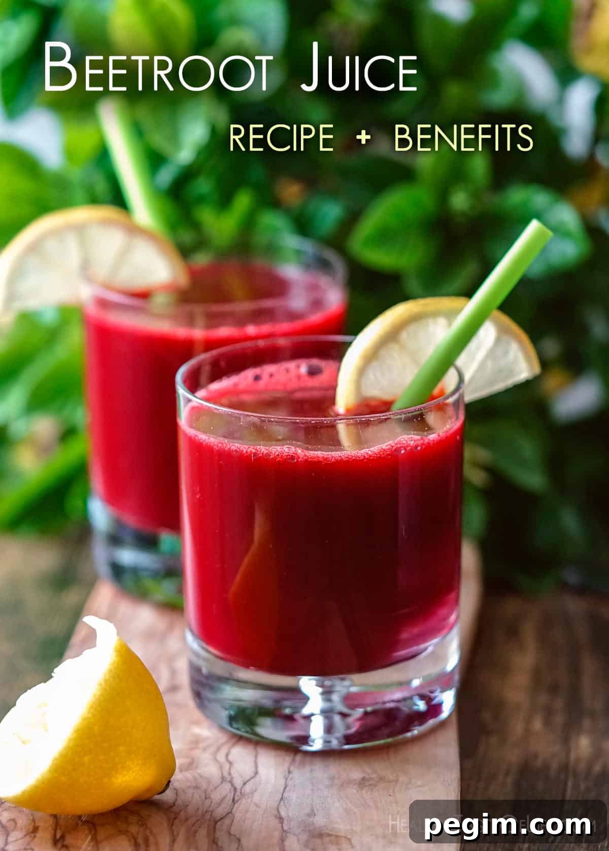 Beetroot Juice Recipes: 2 Ways and Flavor Pairings 2 Picture showing fresh beetroot juice served in two glasses with straws and garnished with a slice of lemon.
