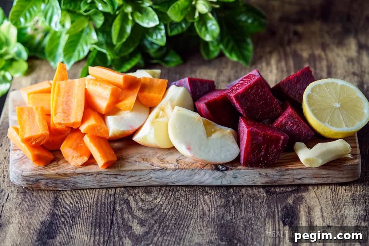 Beetroot Juice Recipes: 2 Ways and Flavor Pairings 4 Chopped beets carrots apple ginger and lemon on a board ready to be juiced in a blender or juicer.