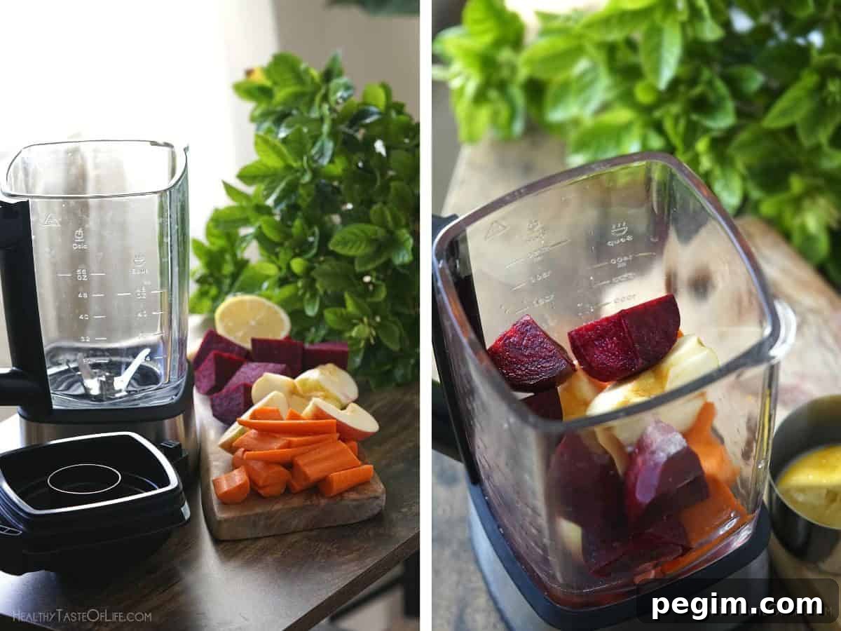 Beetroot Juice Recipes: 2 Ways and Flavor Pairings 6 Process shots showing prepared ingredients for beet juice: chopped beetroot, carrots, apple, lemon and ginger added to a blender.