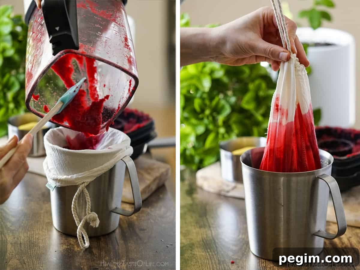 Beetroot Juice Recipes: 2 Ways and Flavor Pairings 8 Process shots showing how the beet juice is made in a blender: the blended beetroot and veggie mix is being poured through a mesh bag and showing how is being squeezed.