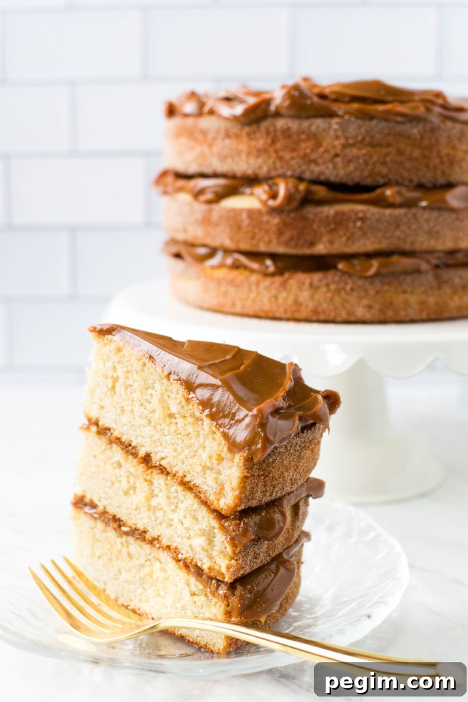 Cinnamon Churro Cake with Crispy Sugar Crust 3 A slice of Brazilian Churro Cake filled and topped with dulce de leche