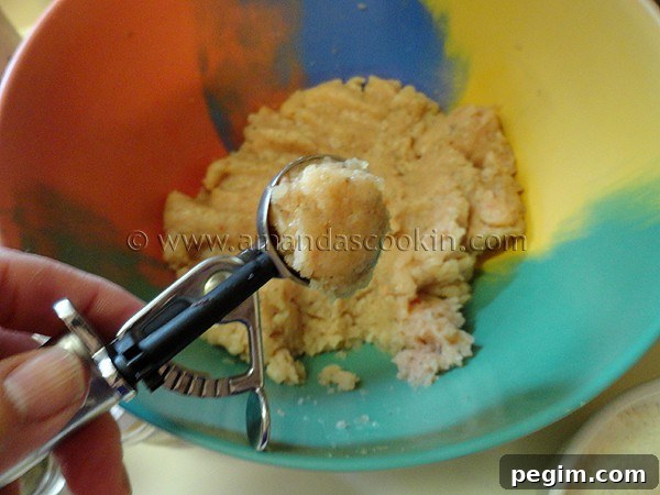 homemade-chicken-nuggets-step-7 A photo of a cookie scoop filled with raw chicken.