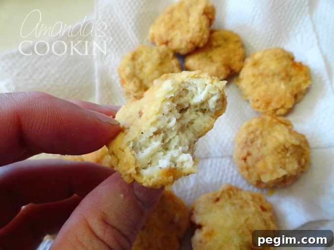 Crispy Homemade Chicken Nuggets Recipe 4 A close up photo of a homemade chicken nugget.