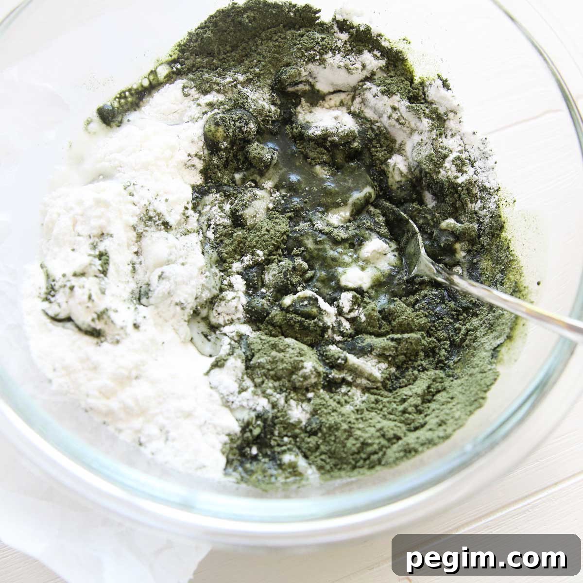 Mixing mochiko flour and mugwort