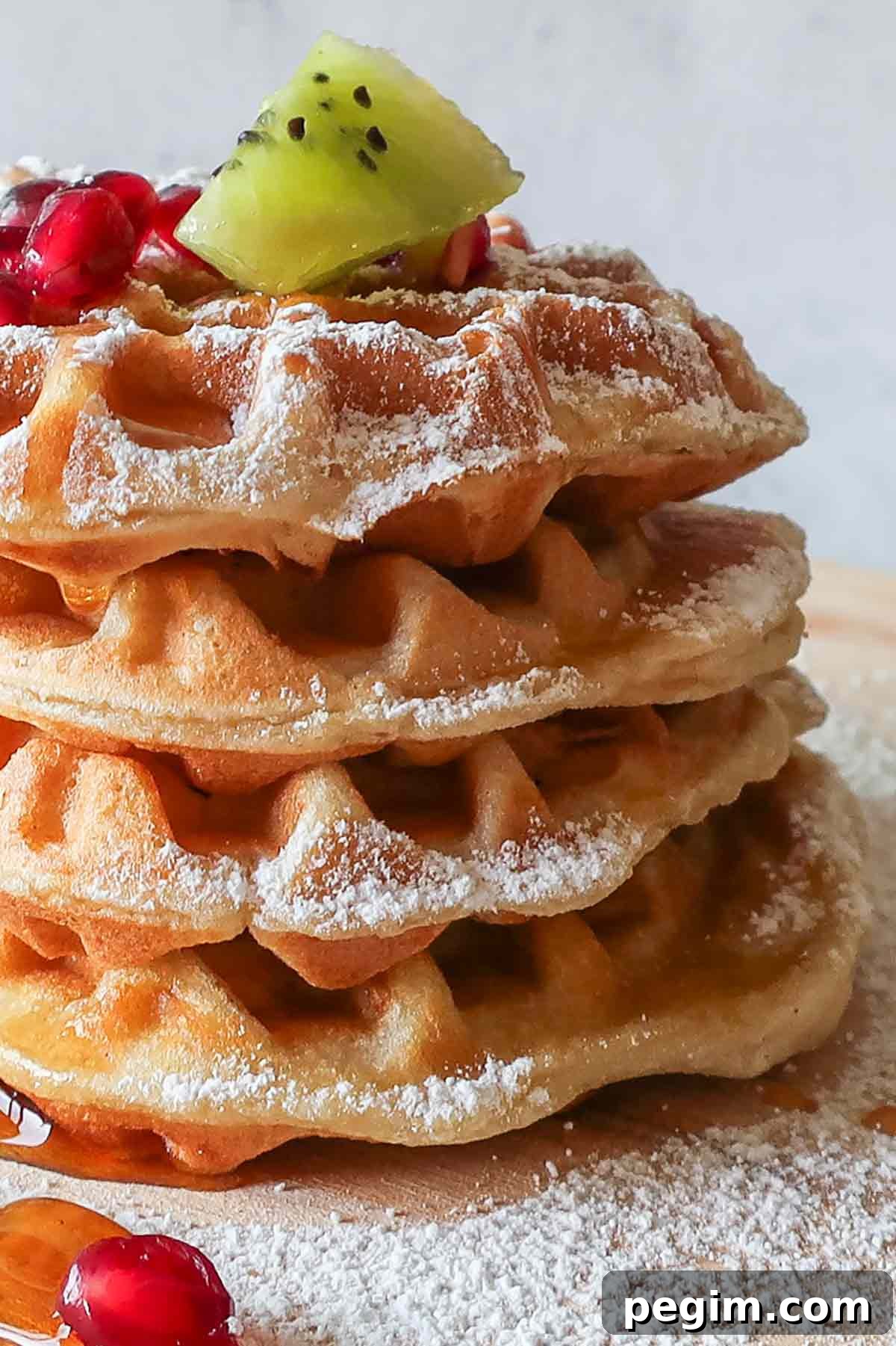 Gluten-Free Brunch Recipes for Weekend Guests 8 4 stacked gluten free waffles topped with fruit maple syrup and powdered sugar for weekend brunch
