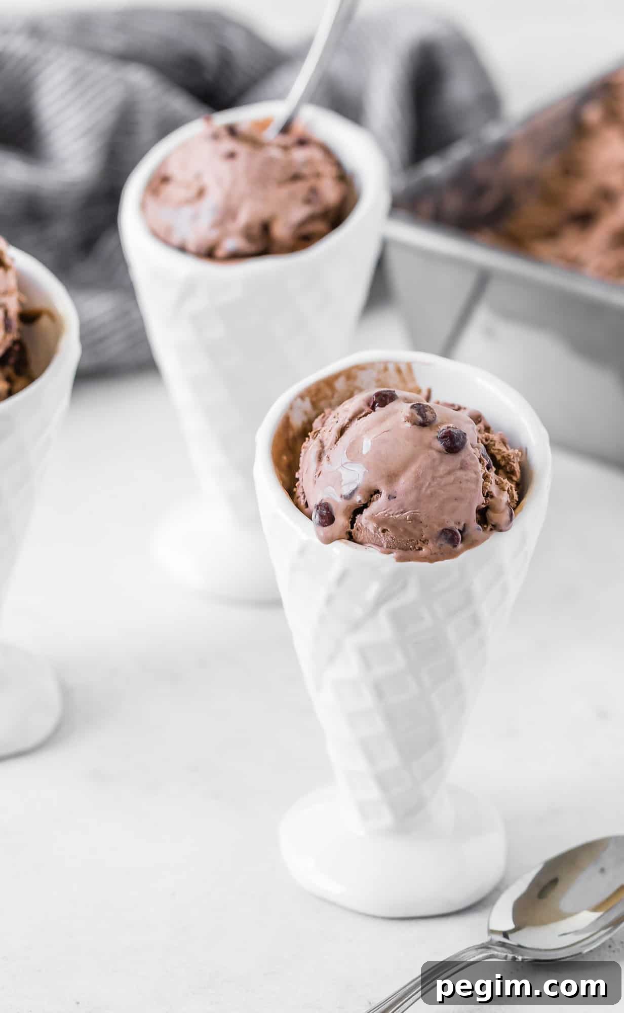 Creamy and smooth homemade chocolate ice cream is easy to make without an ice cream maker! Add chocolate chips for double the chocolate. Chocolate ice cream with chocolate chips in a white bowl.