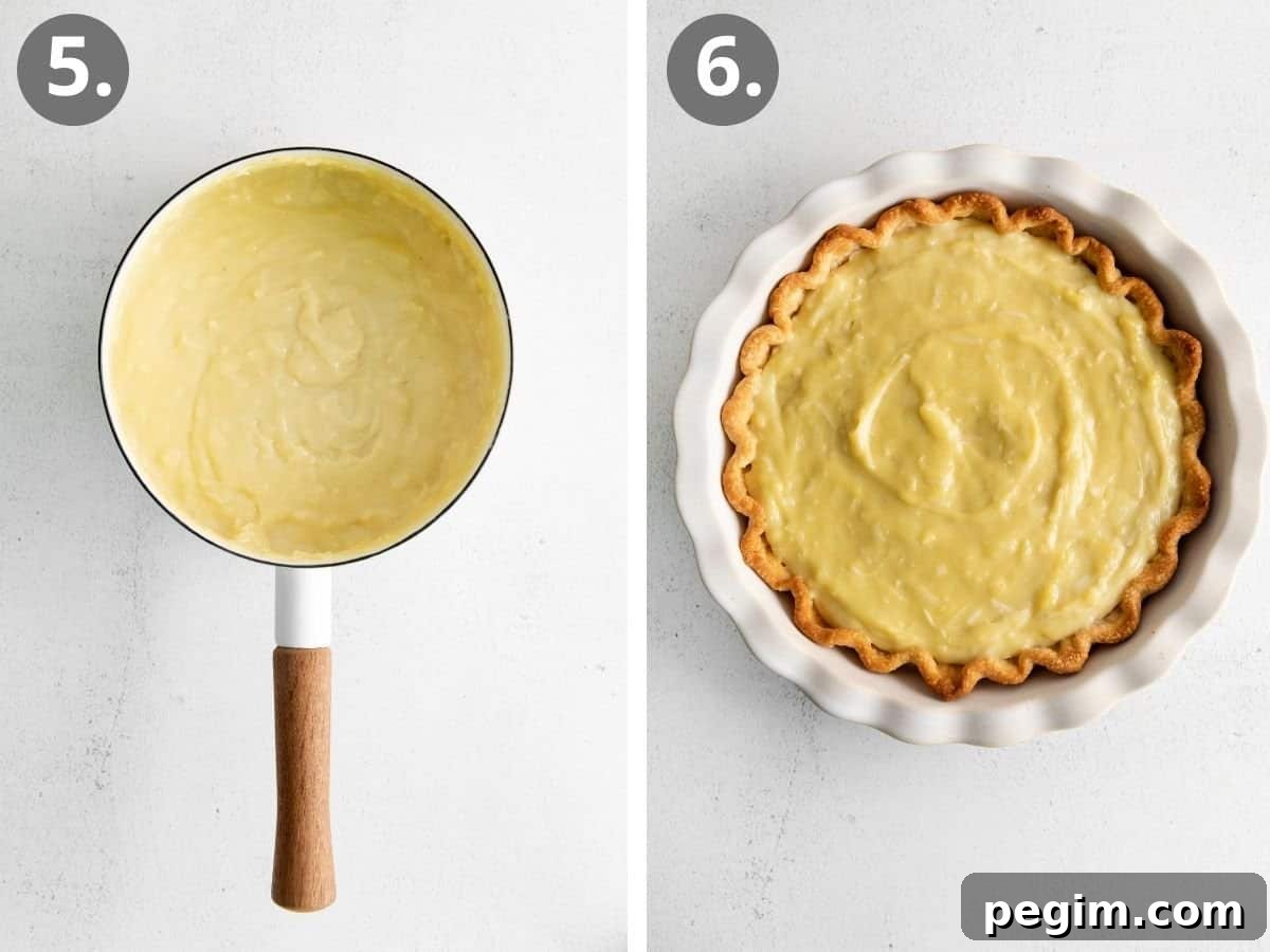 Vegan Coconut Cream Pie Recipe 5 Coconut cream and coconut shreds mixed in a pot, and coconut cream filling poured into a pie dish