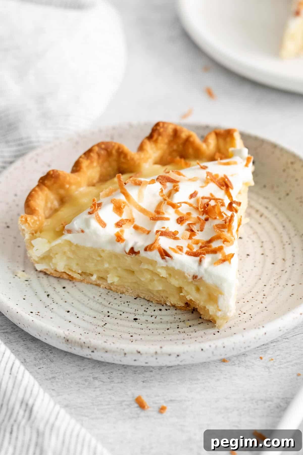 Vegan Coconut Cream Pie Recipe 7 A slice of coconut cream pie on a plate
