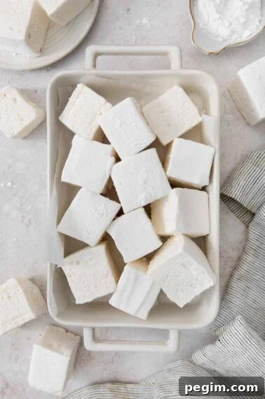 Vanilla bean marshmallows in a baking dish.