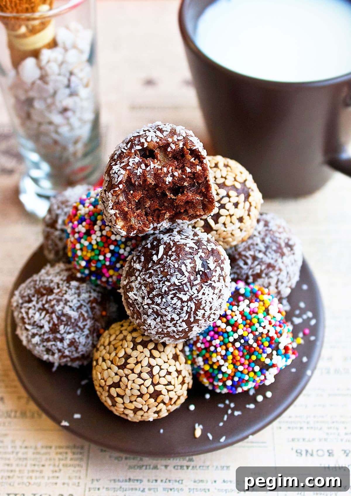 Stack of Easy Chocolate Date Balls in a Small Brown Dish. 