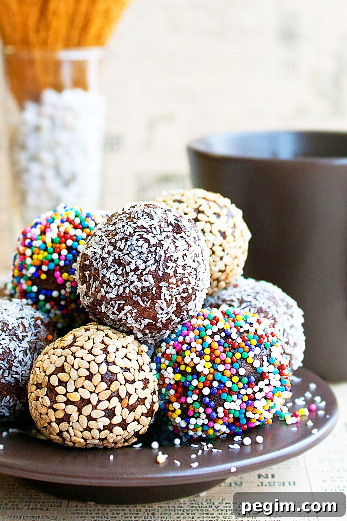Snack Balls With Multiple Toppings on Brown Dish. 
