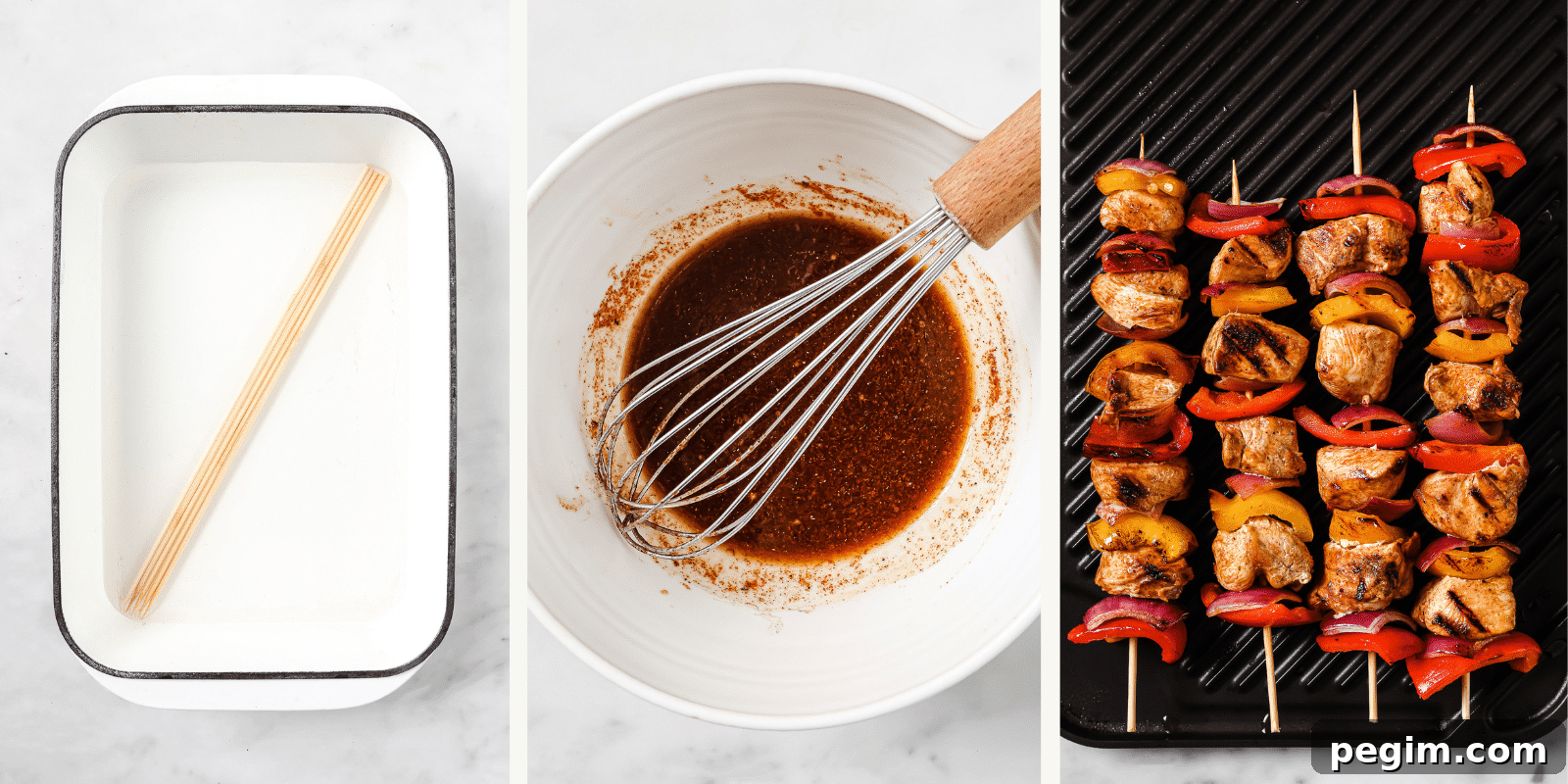 Left: skewers in water. Center: marinade in a bowl. Right: chicken kabobs on the grill.