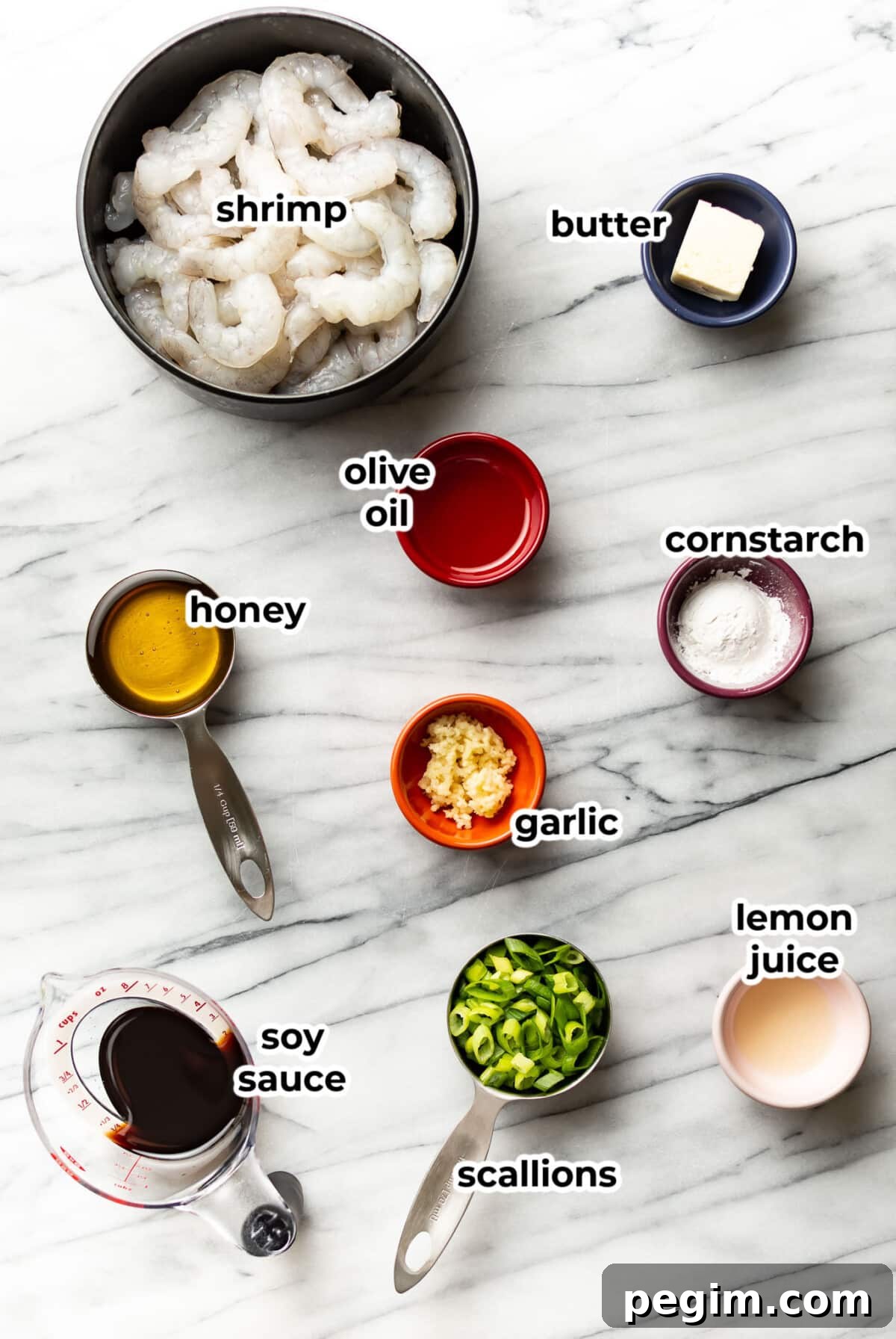 ingredients for honey garlic shrimp in prep bowls
