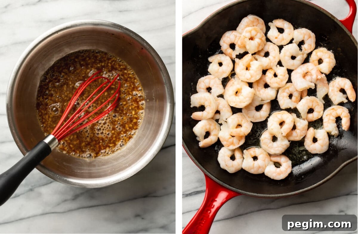 whisking honey garlic sauce in a prep bowl and pan frying shrimp in a skillet