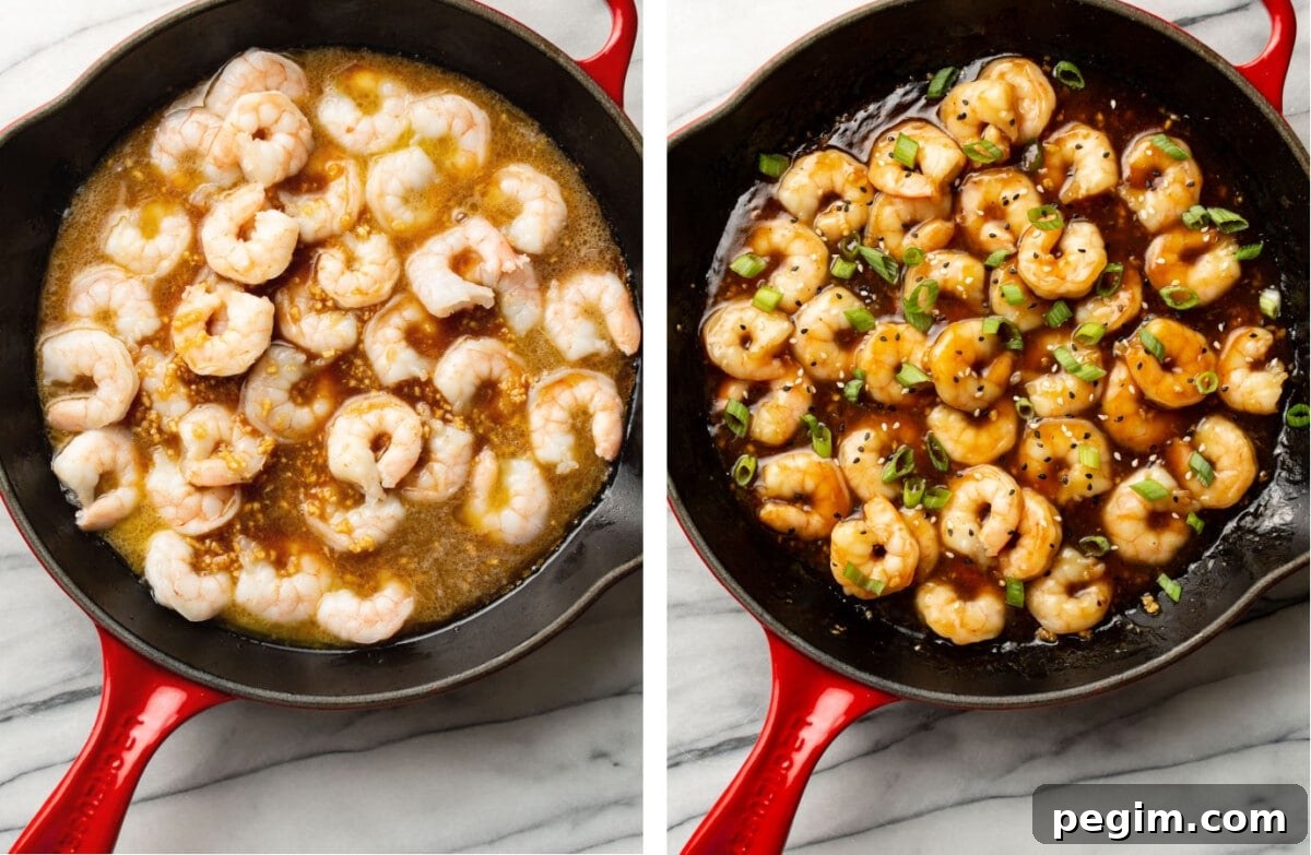 honey garlic shrimp in a skillet before and after cooking
