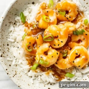 a bowl of honey garlic shrimp over rice