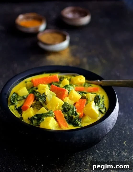 Spiced Indian Root Vegetable Curry Recipe 5 Photo of Indian Root Vegetable Curry in black bowl with small bowls of spices in the background.