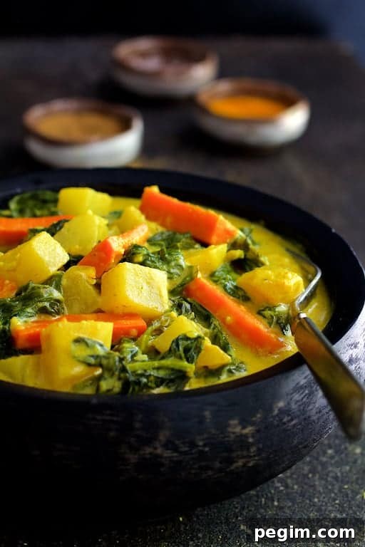 Spiced Indian Root Vegetable Curry Recipe 6 Close-up photo of Indian Root Vegetable Curry in black bowl.