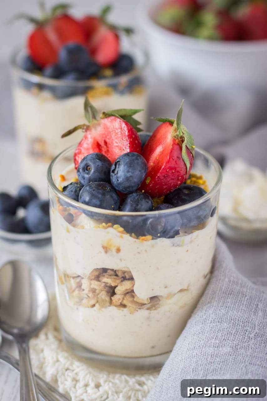 Peanut Butter Greek Yogurt Parfait with Granola 2 Peanut Butter Greek Yogurt Parfait cups made with peanut butter and honey cinnamon granola