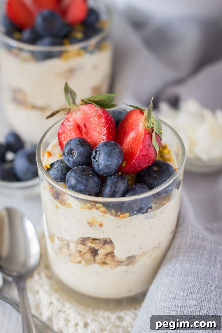 Peanut Butter Greek Yogurt Parfait with Granola 3 Peanut Butter Greek Yogurt Parfait cups made with peanut butter and honey cinnamon granola