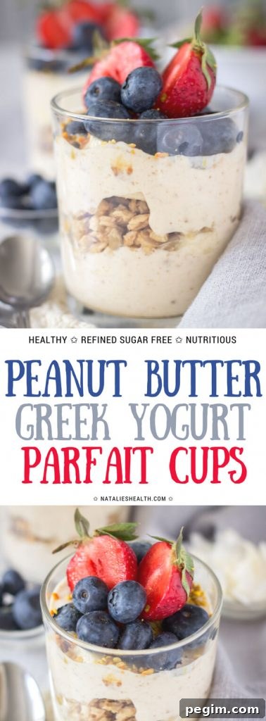 Peanut Butter Greek Yogurt Parfait with Granola 6 Peanut Butter Greek Yogurt Parfaits made with creamy peanut butter and homemade honey granola