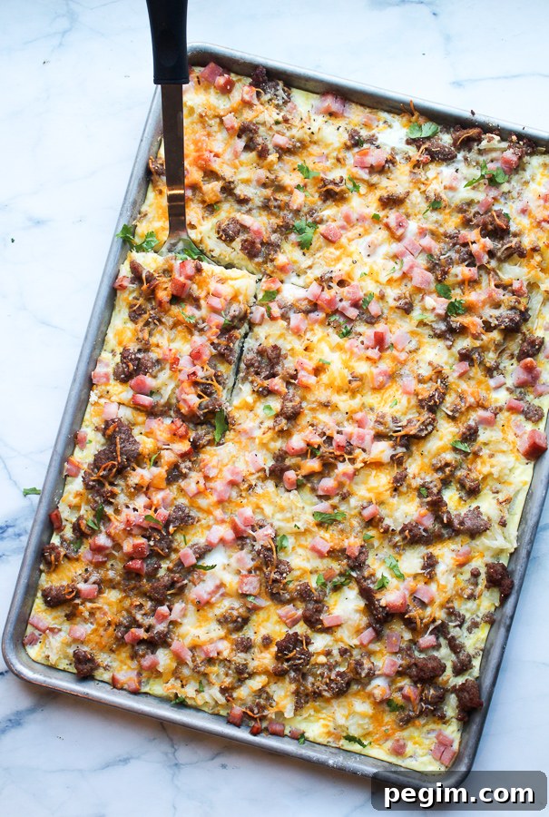Full sheet pan breakfast casserole with sausage, eggs, ham, and hash browns