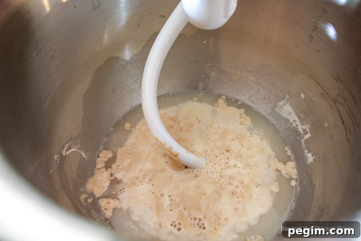 Soft Homemade White Wheat Bread Recipe 4 Yeast becoming active in a bowl with water.